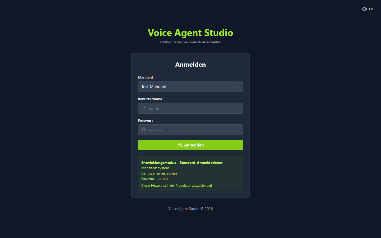 Anmeldemaske von Voice Agent Studio mit Mandanten-Auswahl