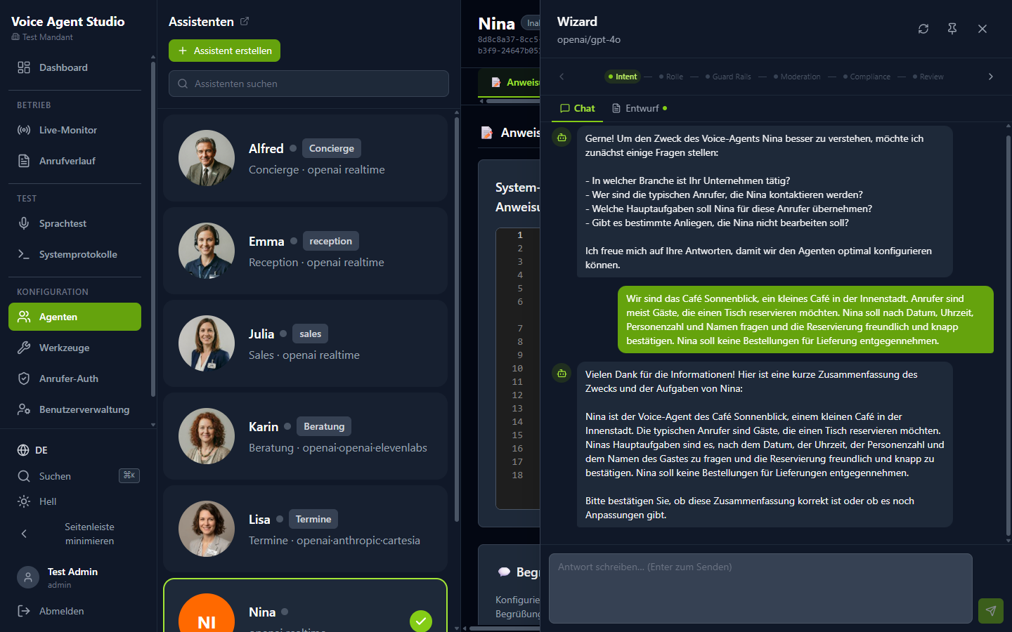 Chat-Dialog mit dem KI-Wizard bei der Agenten-Erstellung
