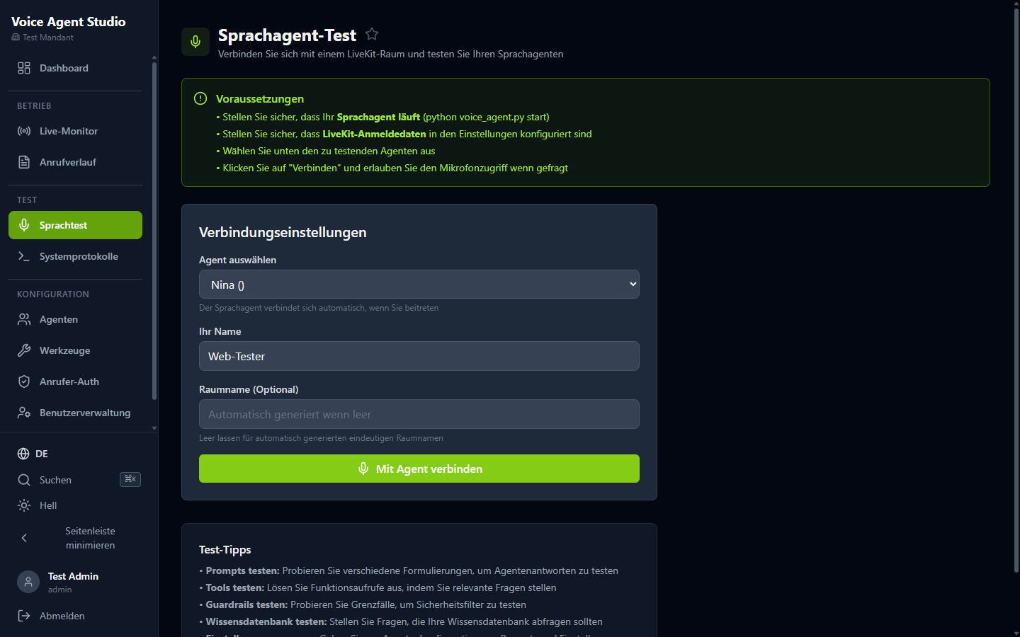 Sprachagenten-Test direkt im Browser