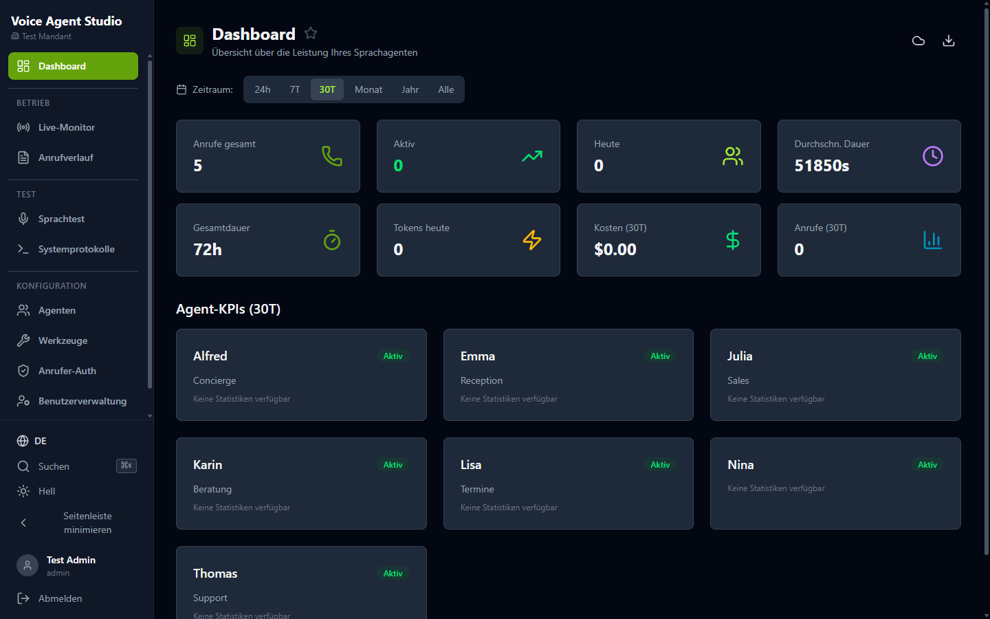 Dashboard von Voice Agent Studio mit dem neuen Agenten Nina